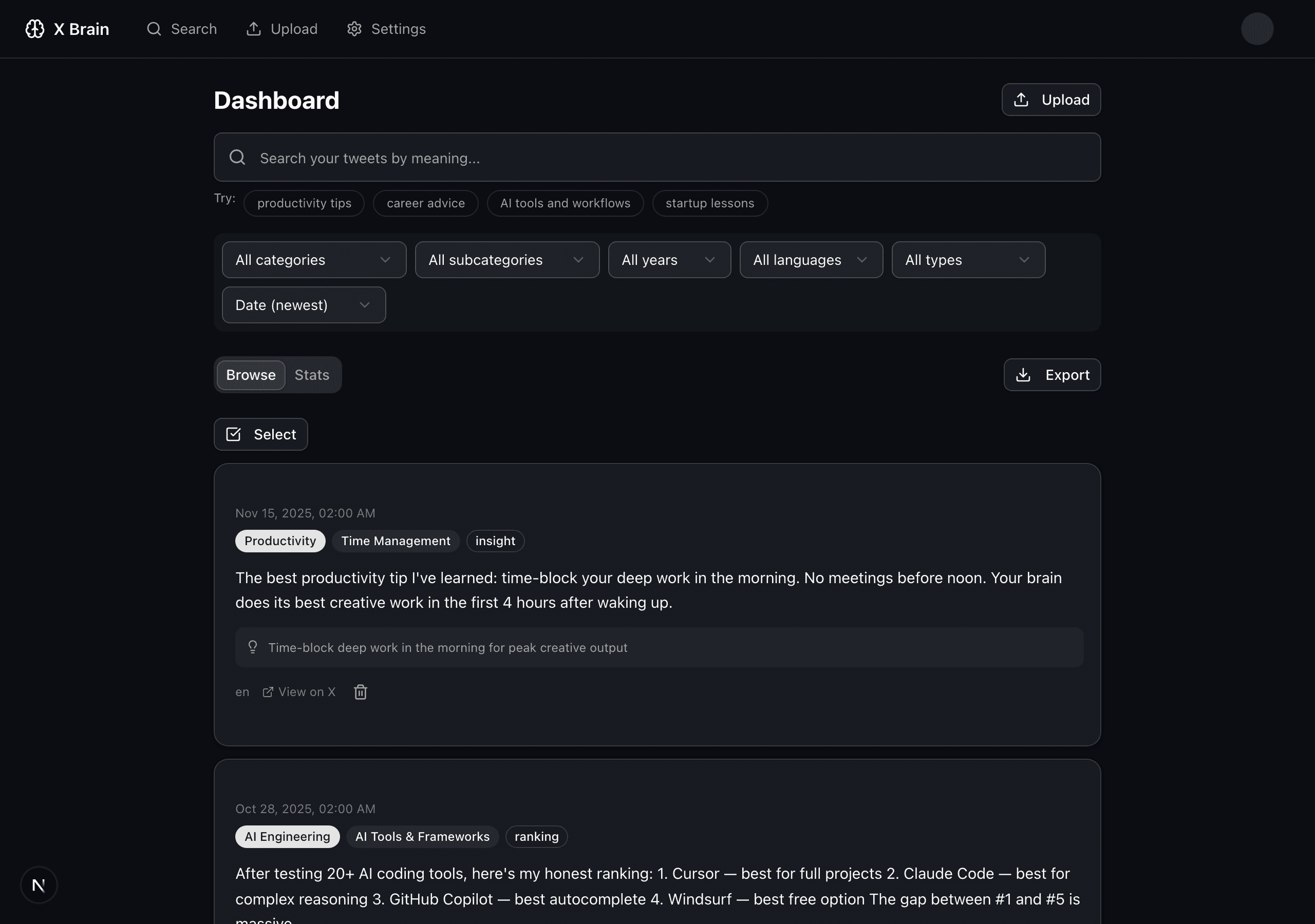 Screenshot of tweets organized by AI-detected categories