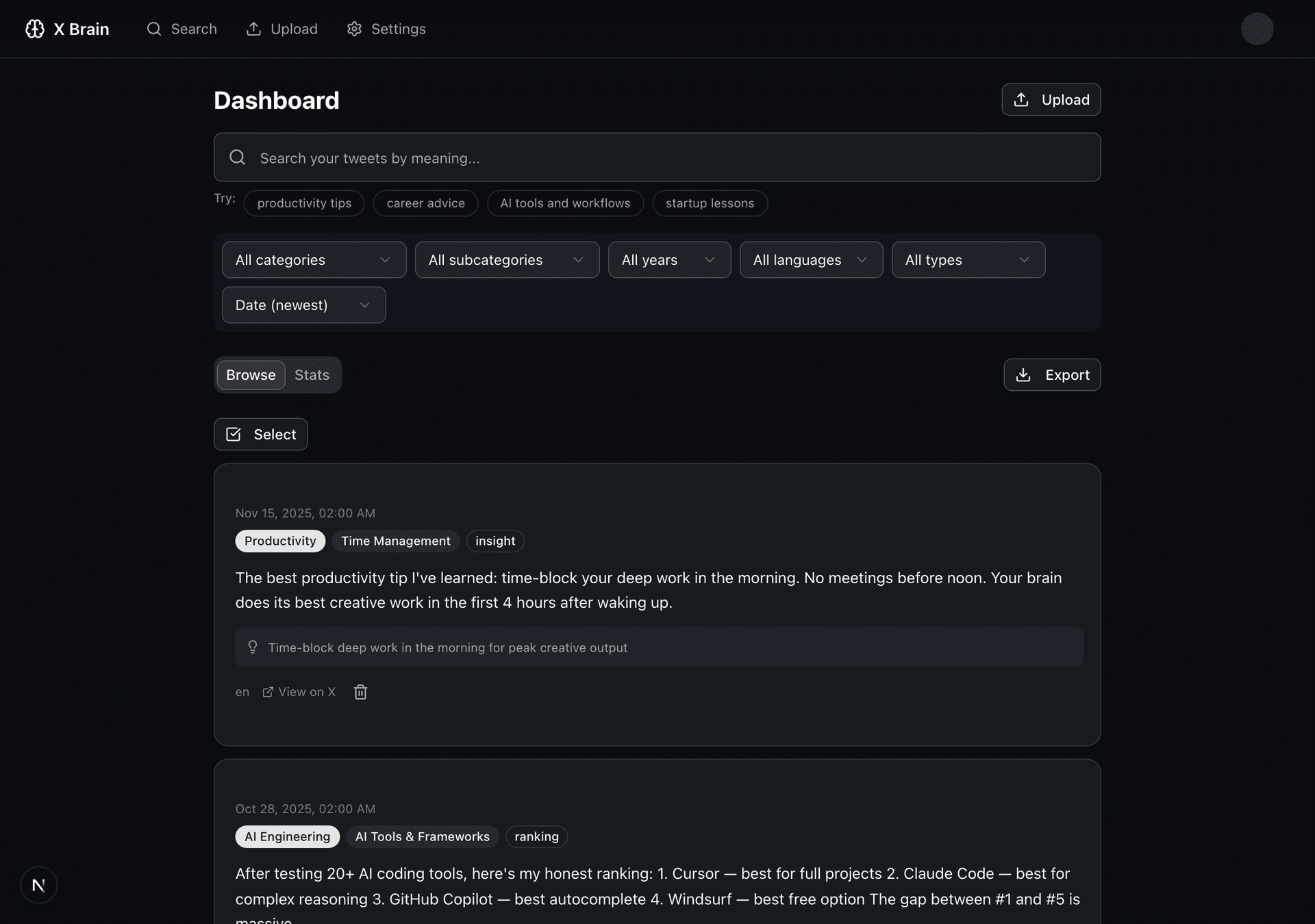 Screenshot of tweets organized by AI-detected categories