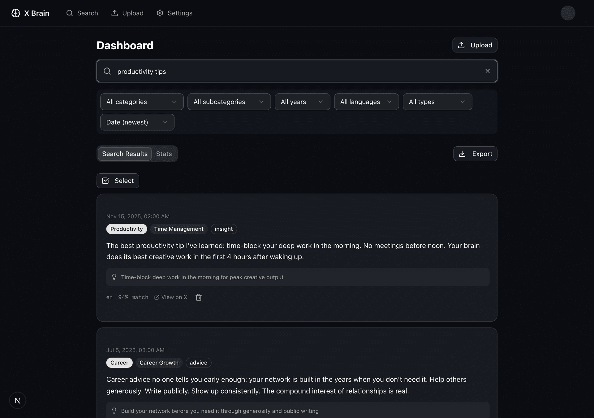 Screenshot of semantic search results for productivity tips